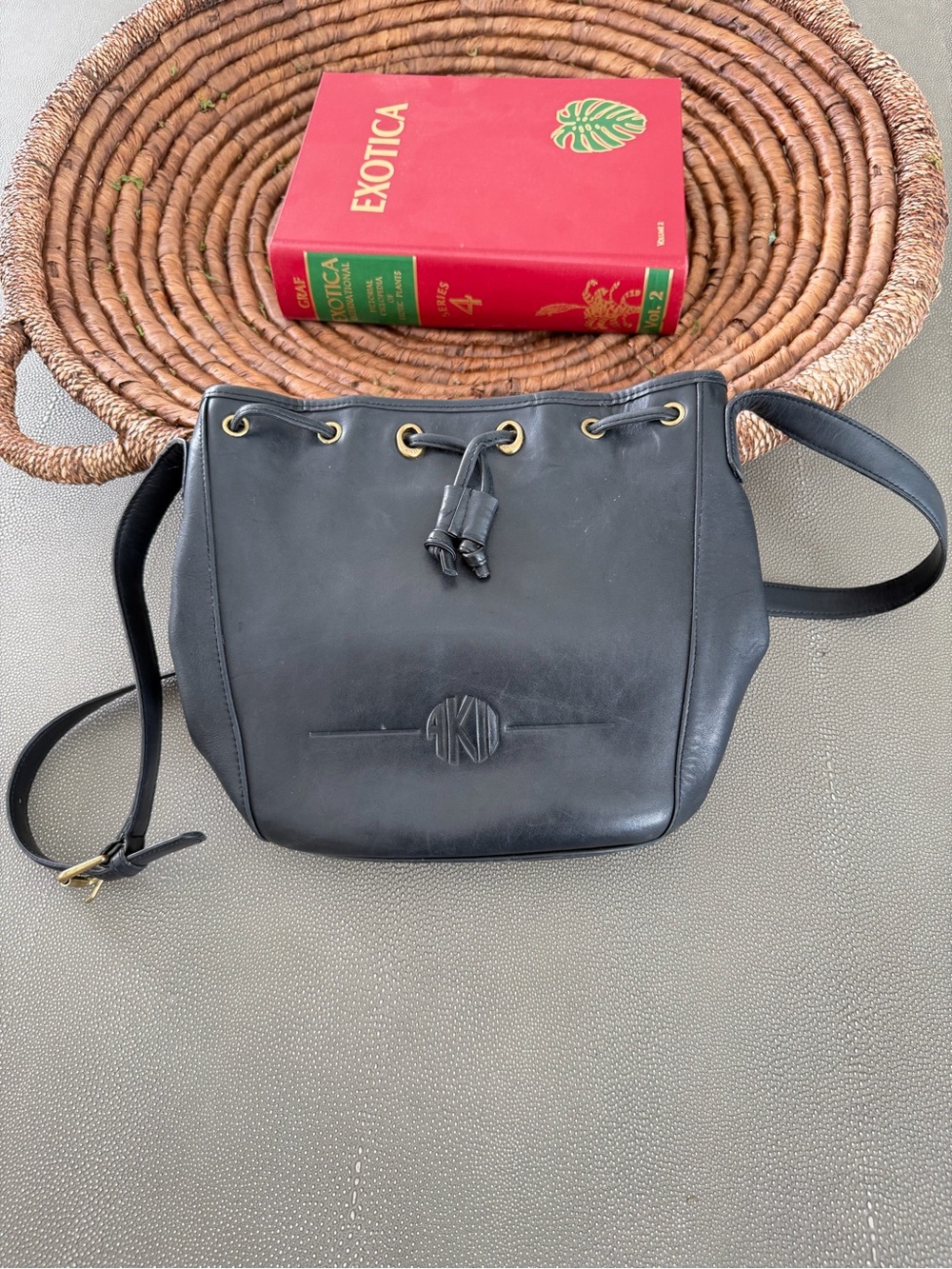 Anne Klein Black Leather Bucket Bag Drawstring Satchel